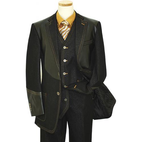 Il Canto Black 100% Cotton Iridescent Denim Vested Suit With Leather Sections And Cognac / White Hand-Pick Stitching 8351